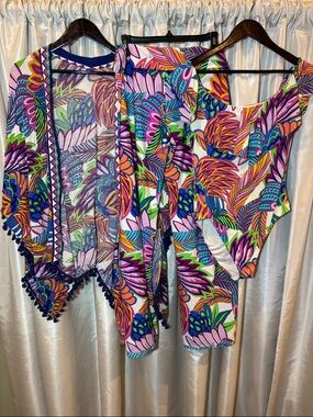 Trina Turk Tropical Leaf Resort wear Set, One Piece Swimsuit, pants, caftan, 14